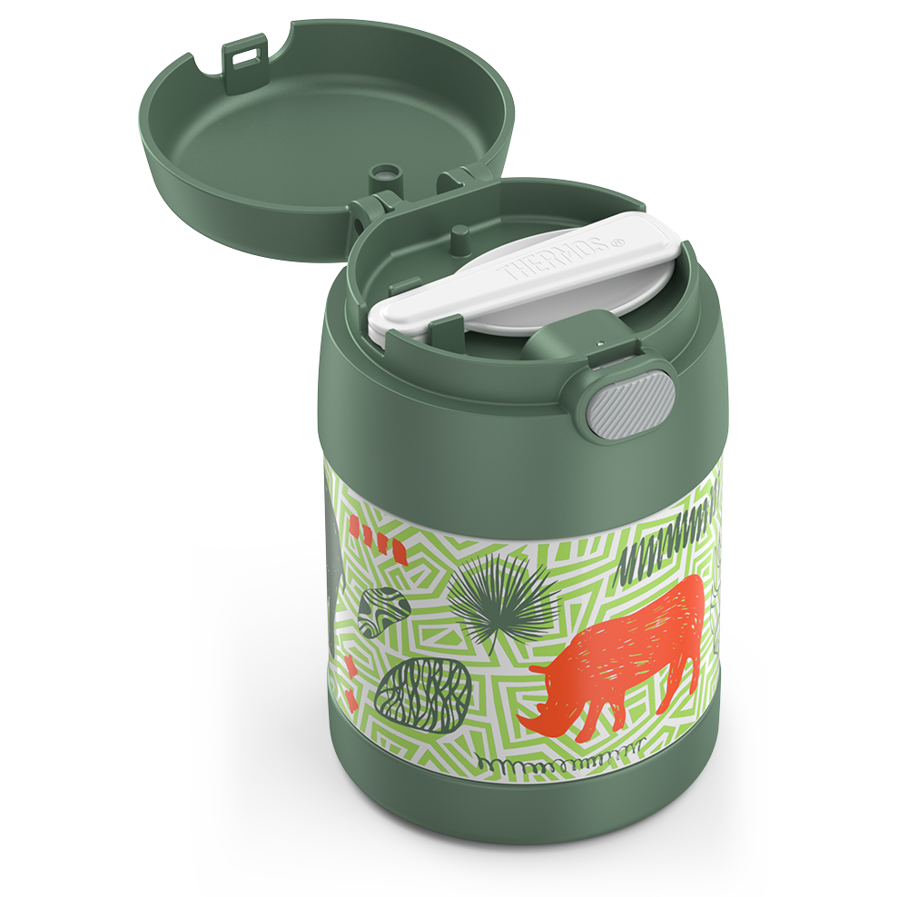 10 ounce Funtainer food jar, jungle animals side view with lid open to show folded spoon in spoon compartment.