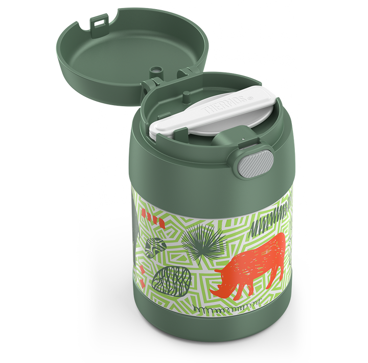 10 ounce Funtainer food jar, jungle animals side view with lid open to show folded spoon in spoon compartment.