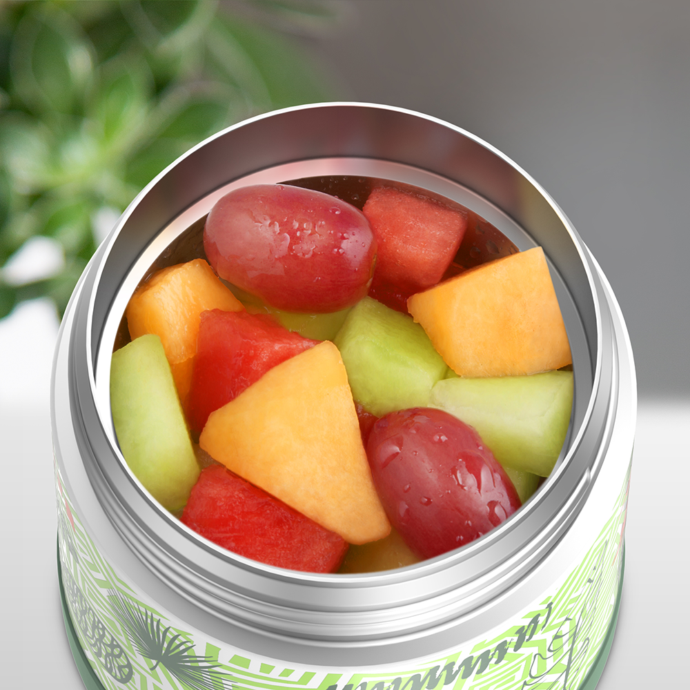 10 ounce Funtainer food jar, open with assorted fruit inside.