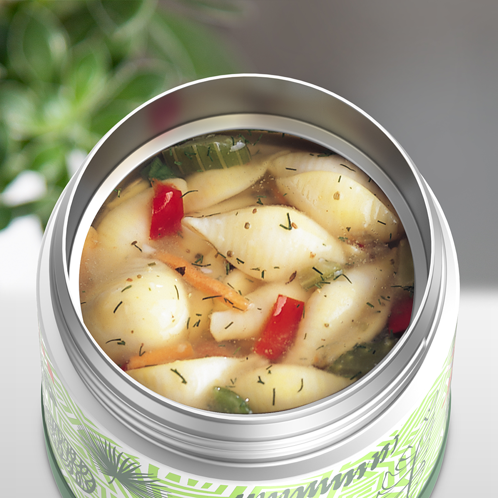 10 ounce Funtainer food jar, open with soup inside.