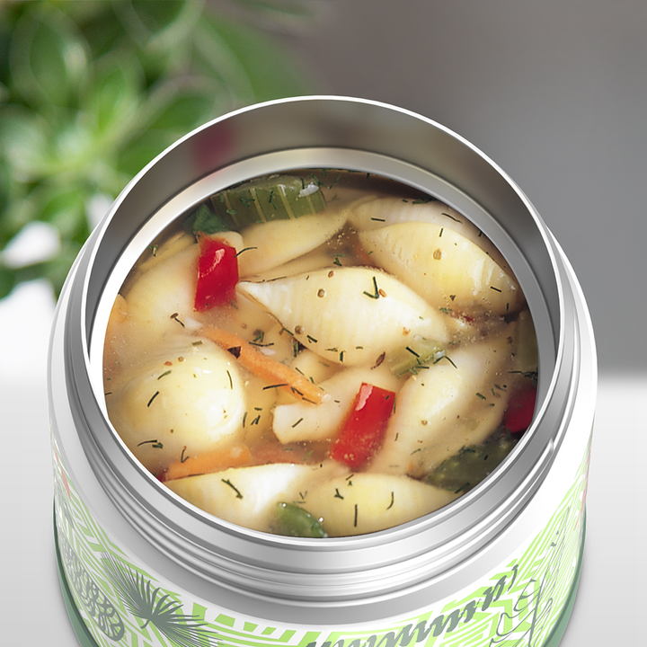 10 ounce Funtainer food jar, open with soup inside.
