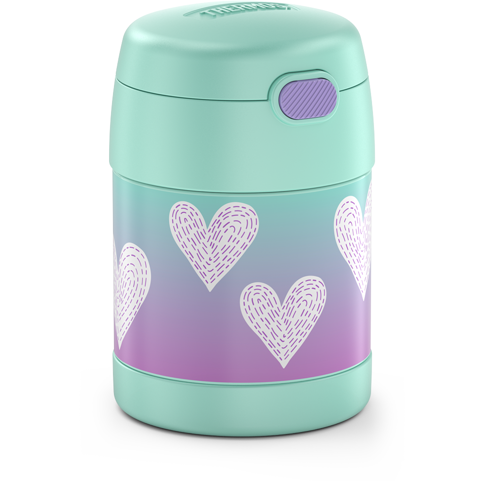 10 ounce Funtainer food jar, white hearts with purple stitching side view. 