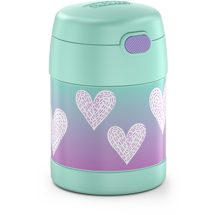 10 ounce Funtainer food jar, white hearts with purple stitching side view. 