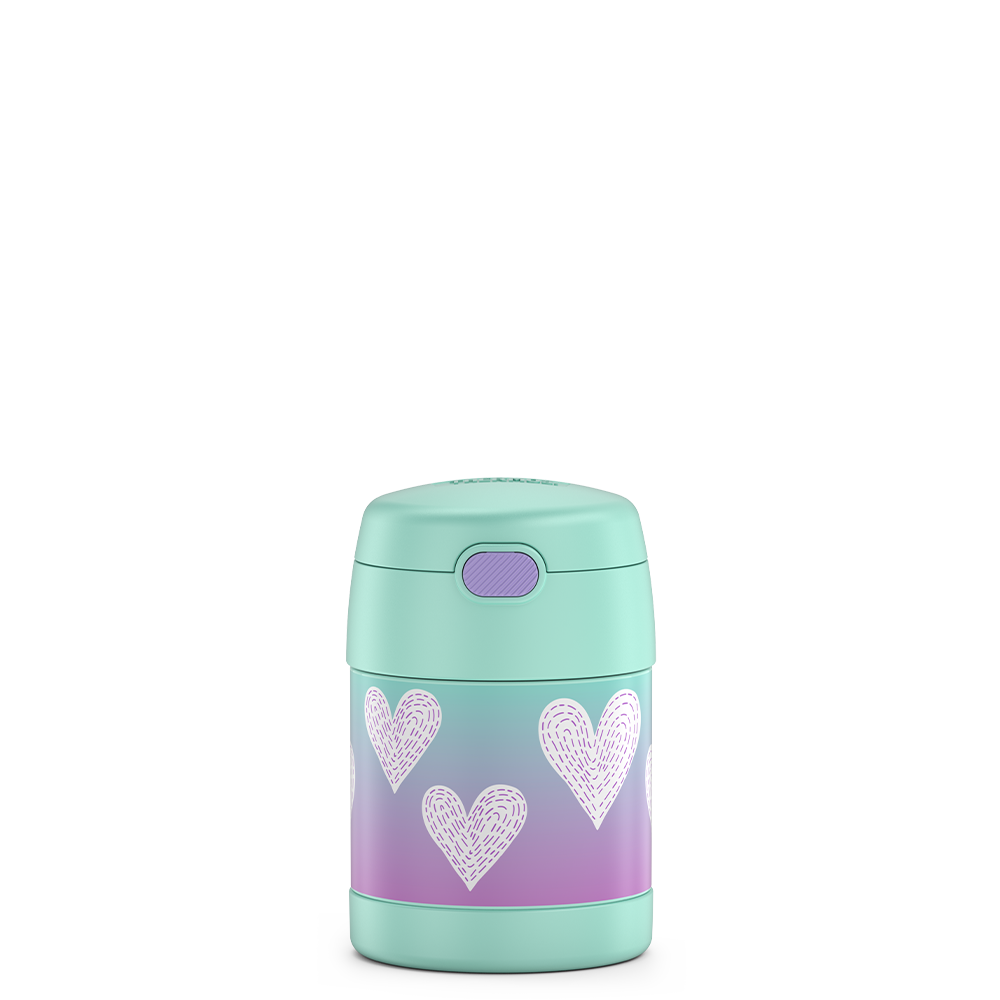 10 ounce Funtainer food jar, white hearts with purple stitching.