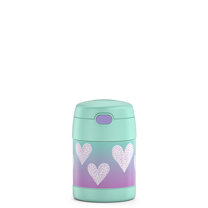 10 ounce Funtainer food jar, white hearts with purple stitching.