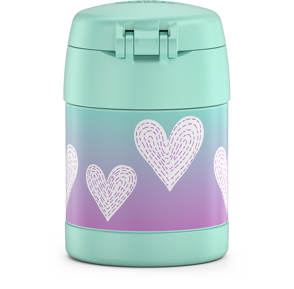 10 ounce Funtainer food jar, white hearts with purple stitching back view.