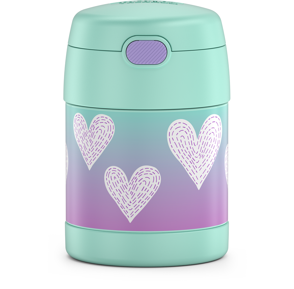 10 ounce Funtainer food jar, white hearts with purple stitching. front view of button to open spoon compartment..
