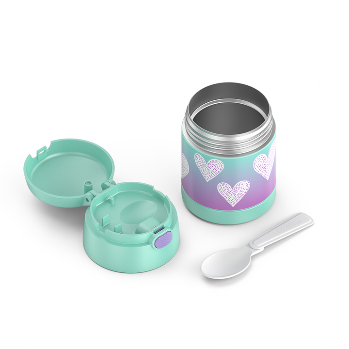 10 ounce Funtainer food jar, white hearts with purple stitching disassembled with lid open, but empty to show spoon compartment and spoon next to jar, unfolded.