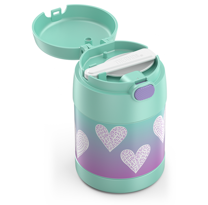 10 ounce Funtainer food jar, white hearts with purple stitching side view with lid open to show folded spoon in spoon compartment.