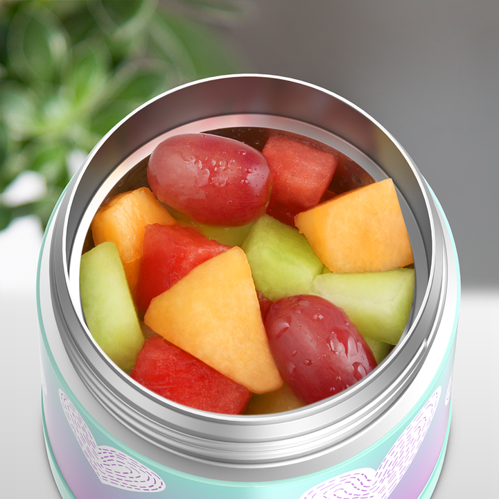 10 ounce Funtainer food jar, open with assorted fruit inside.