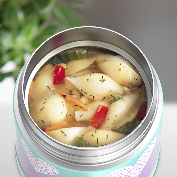 10 ounce Funtainer food jar, open with soup inside.