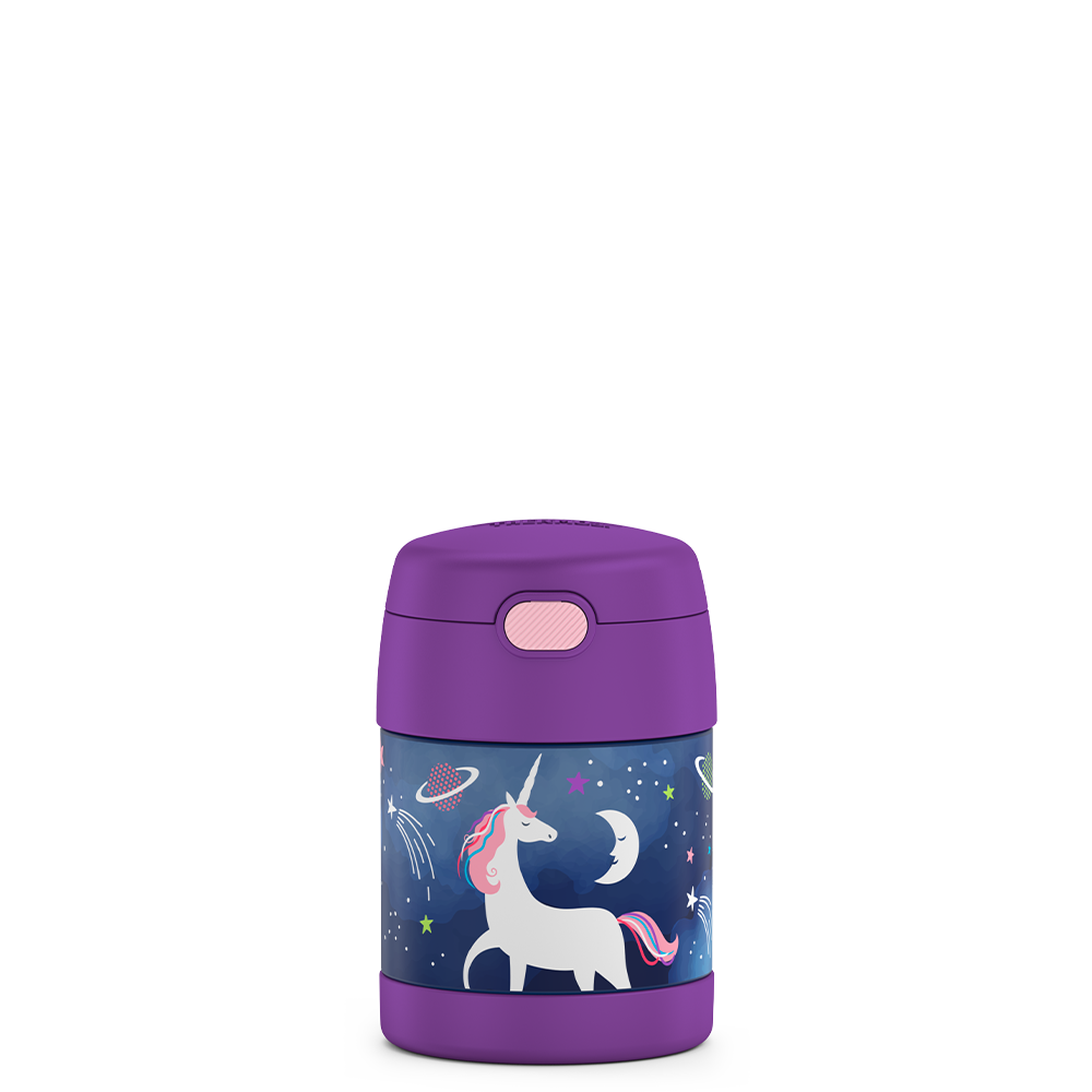 10 ounce Funtainer food jar, front view, space unicorn theme.