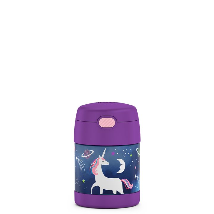 10 ounce Funtainer food jar, front view, space unicorn theme.