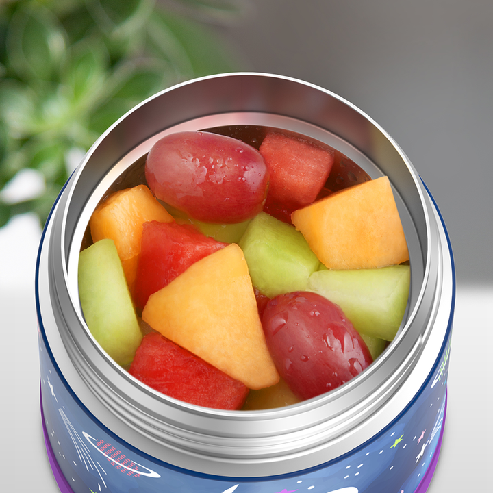 10 ounce Funtainer food jar, open with assorted fruit inside.