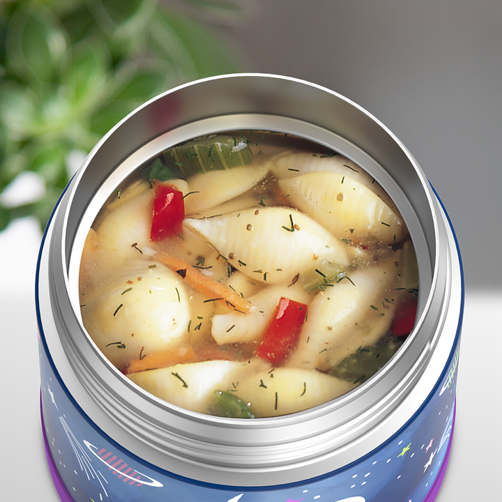 10 ounce Funtainer food jar, open with soup inside.