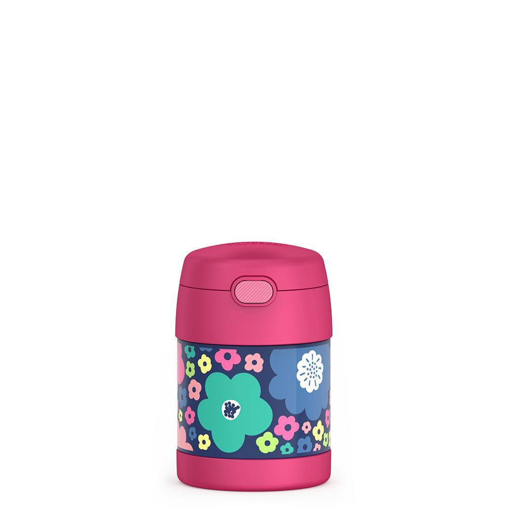 10 ounce Funtainer food jar, front view, mod flowers theme.