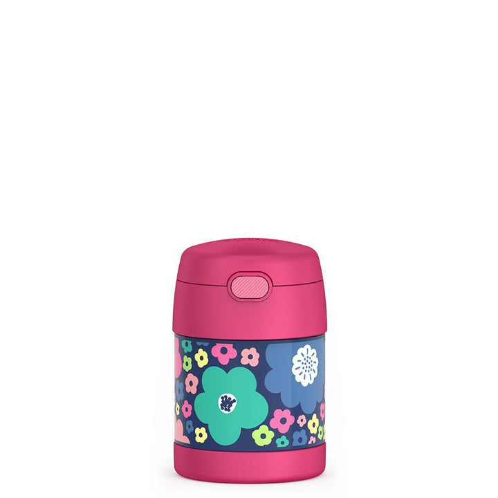 10 ounce Funtainer food jar, front view, mod flowers theme.