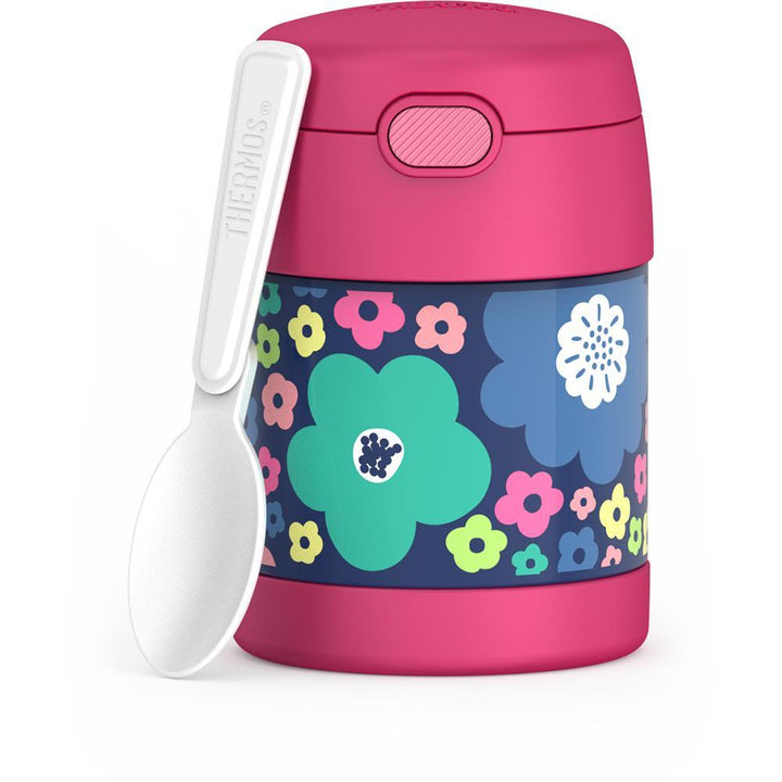 10 ounce, Funtainer food jar, front view with unfolded spoon, mod flowers theme
