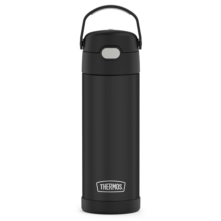  16-ounce Funtainer Stainless Steel Water Bottle with Spout, front view, Black.