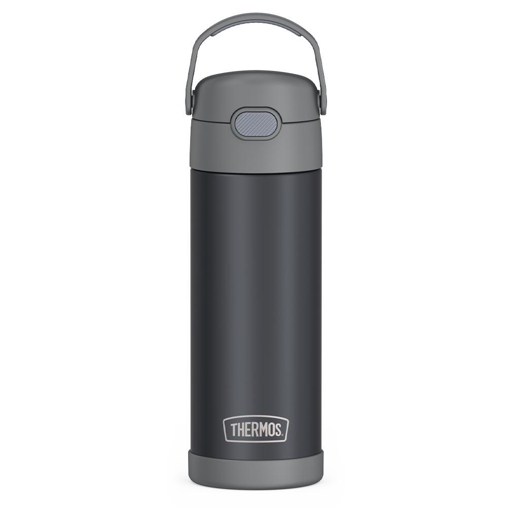  16-ounce Funtainer Stainless Steel Water Bottle with Spout, front view, Matte Transluscent Charcoal.