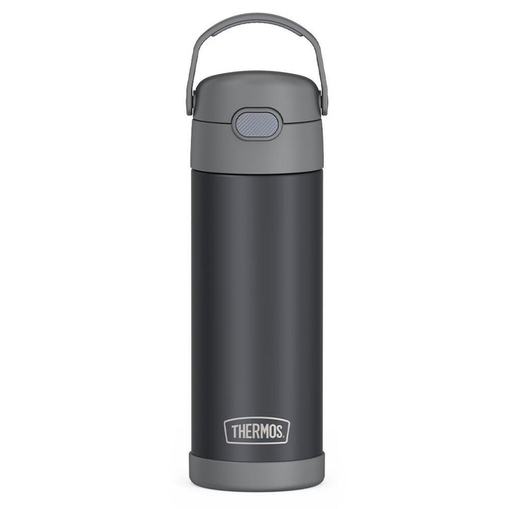  16-ounce Funtainer Stainless Steel Water Bottle with Spout, front view, Matte Transluscent Charcoal.