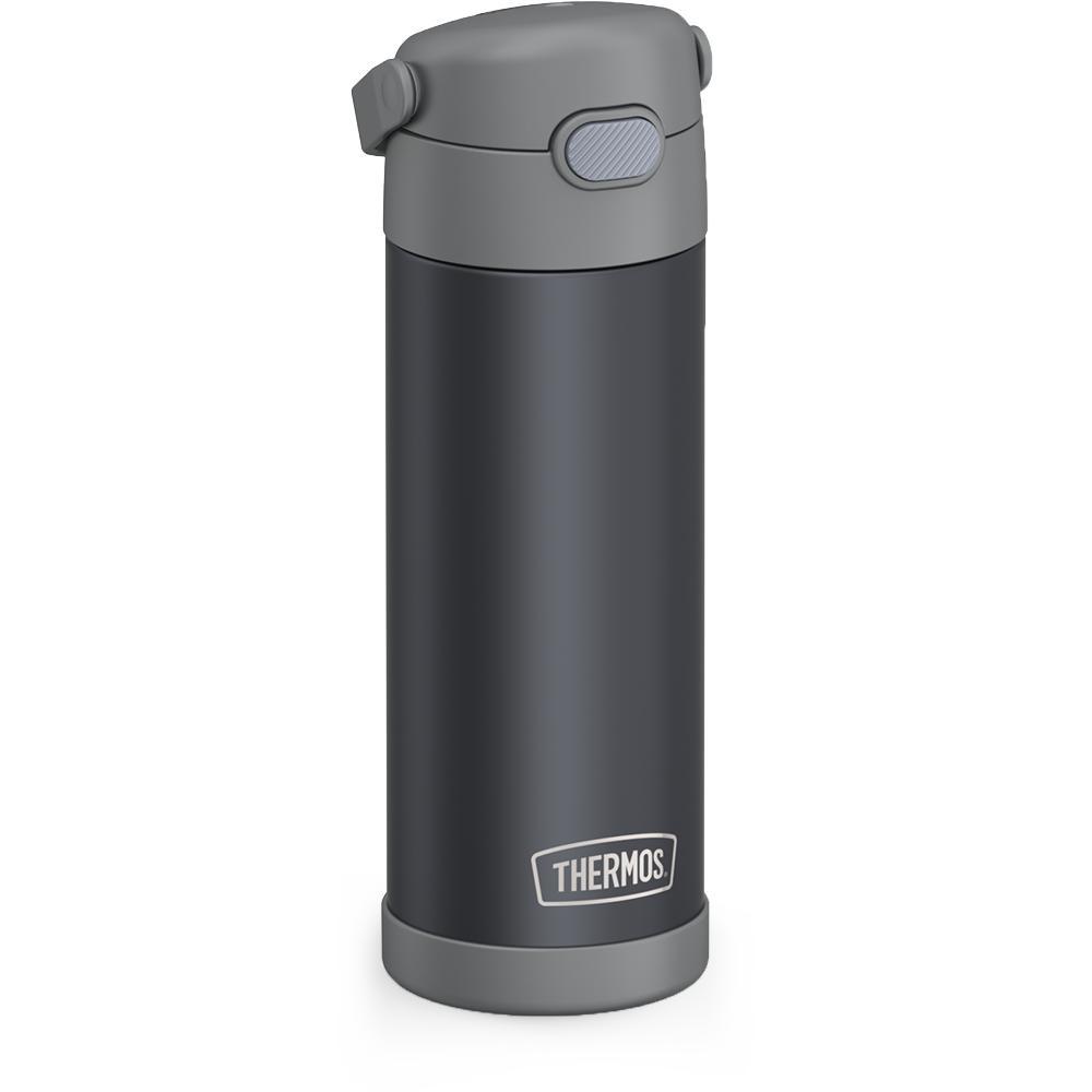 16-ounce Funtainer Stainless Steel Water Bottle with Spout, Matte Transluscent Charcoal, side view, handle down.