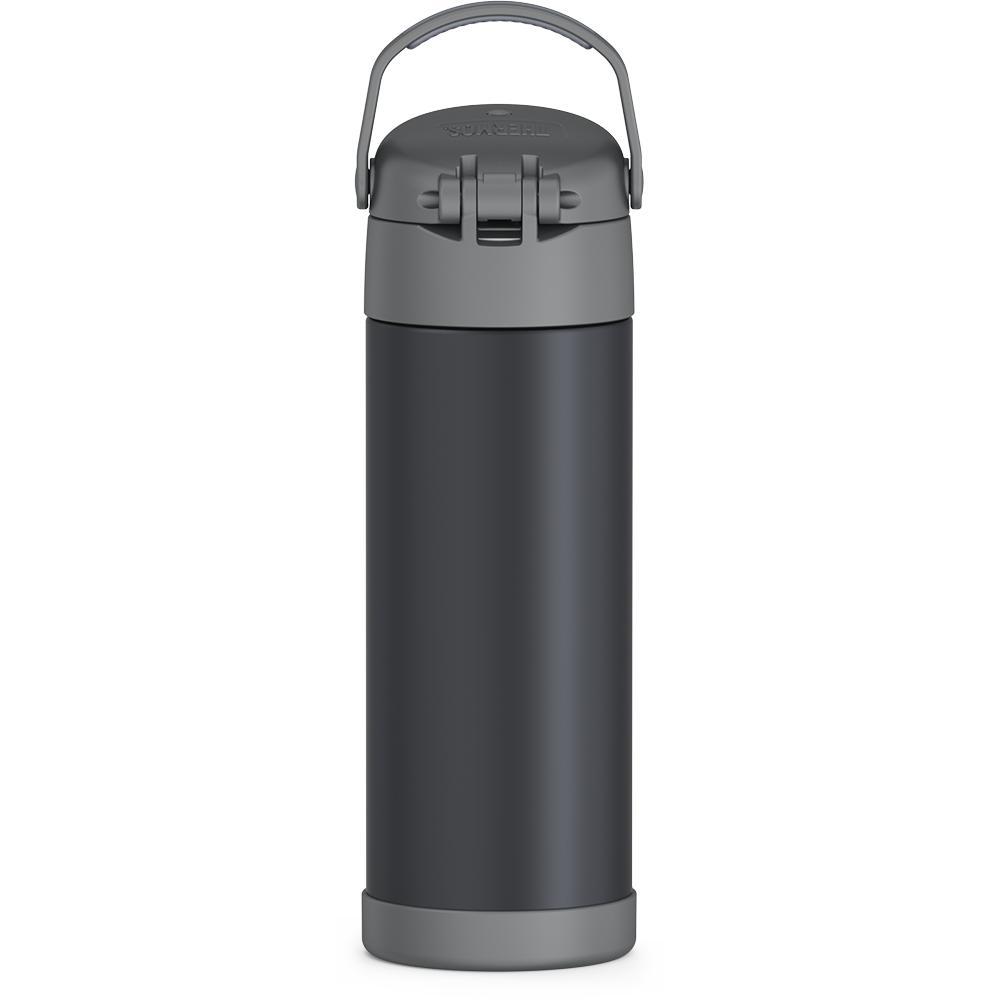 16-ounce Funtainer Stainless Steel Water Bottle with Spout, back view, handle up, Matte Transluscent Charcoal.