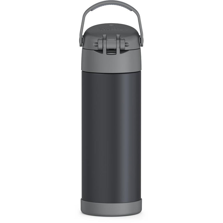 16-ounce Funtainer Stainless Steel Water Bottle with Spout, back view, handle up, Matte Transluscent Charcoal.