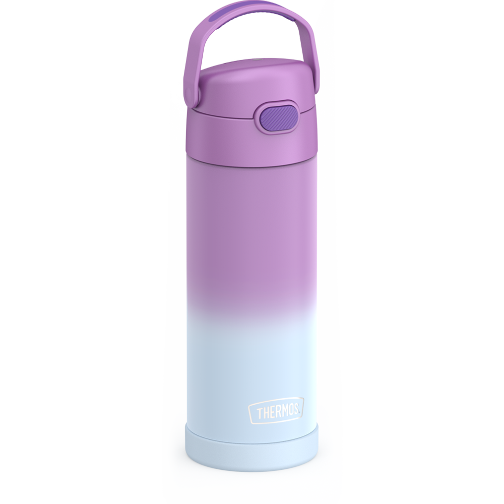 16-ounce Funtainer Stainless Steel Water Bottle with Spout, Purple Ombre, side view, handle up.