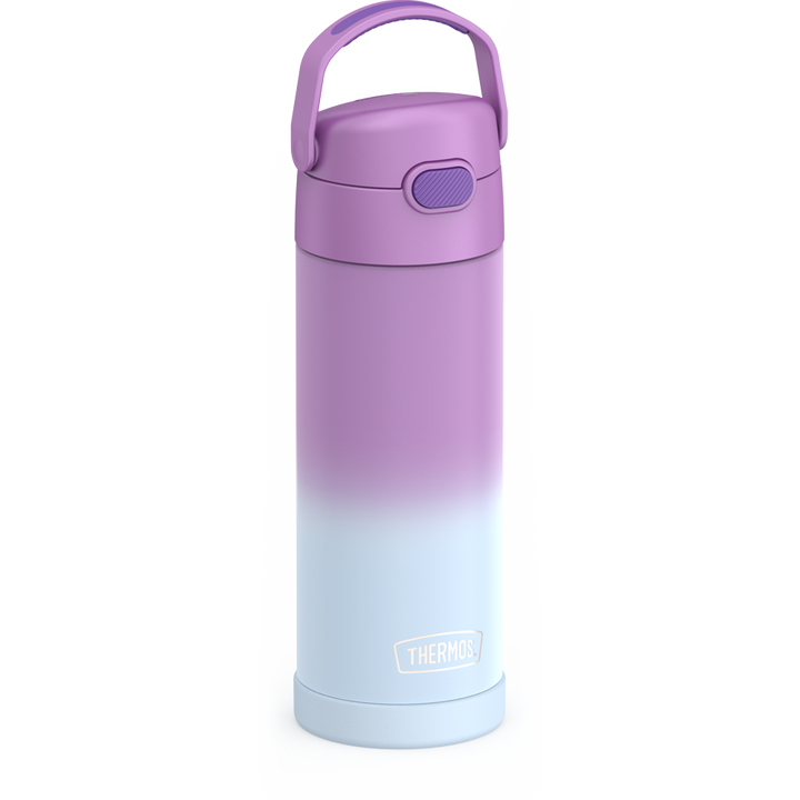 16-ounce Funtainer Stainless Steel Water Bottle with Spout, Purple Ombre, side view, handle up.