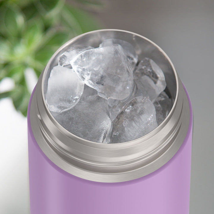16-ounce Purple Ombre Funtainer water bottle, opened and full of ice.