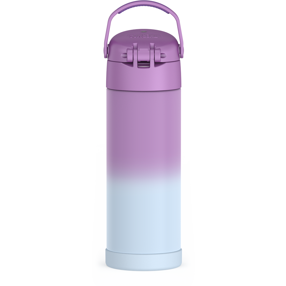 16-ounce Funtainer Stainless Steel Water Bottle with Spout, back view, handle up, Purple Ombre.