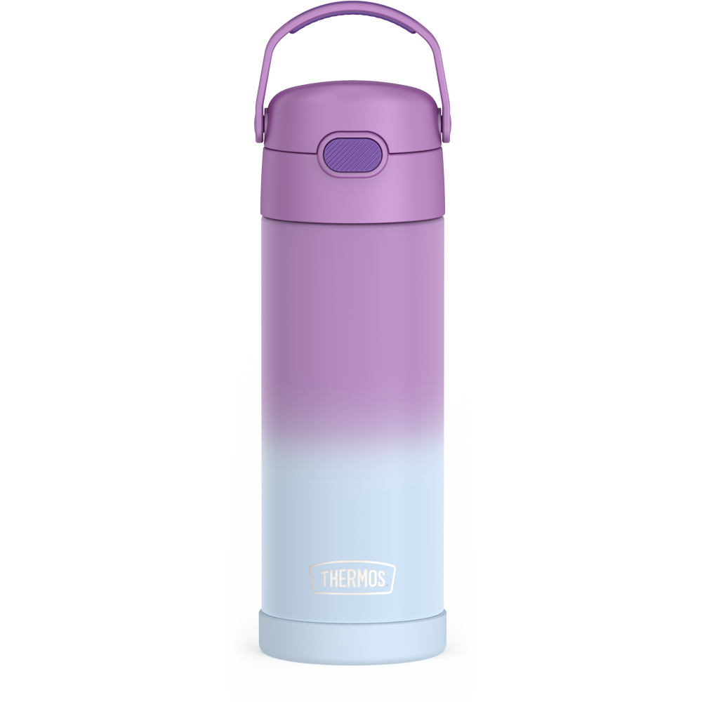 16-ounce Funtainer Stainless Steel Water Bottle with Spout, Purple Ombre, front view, handle up.