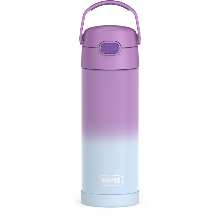 16-ounce Funtainer Stainless Steel Water Bottle with Spout, Purple Ombre, front view, handle up.