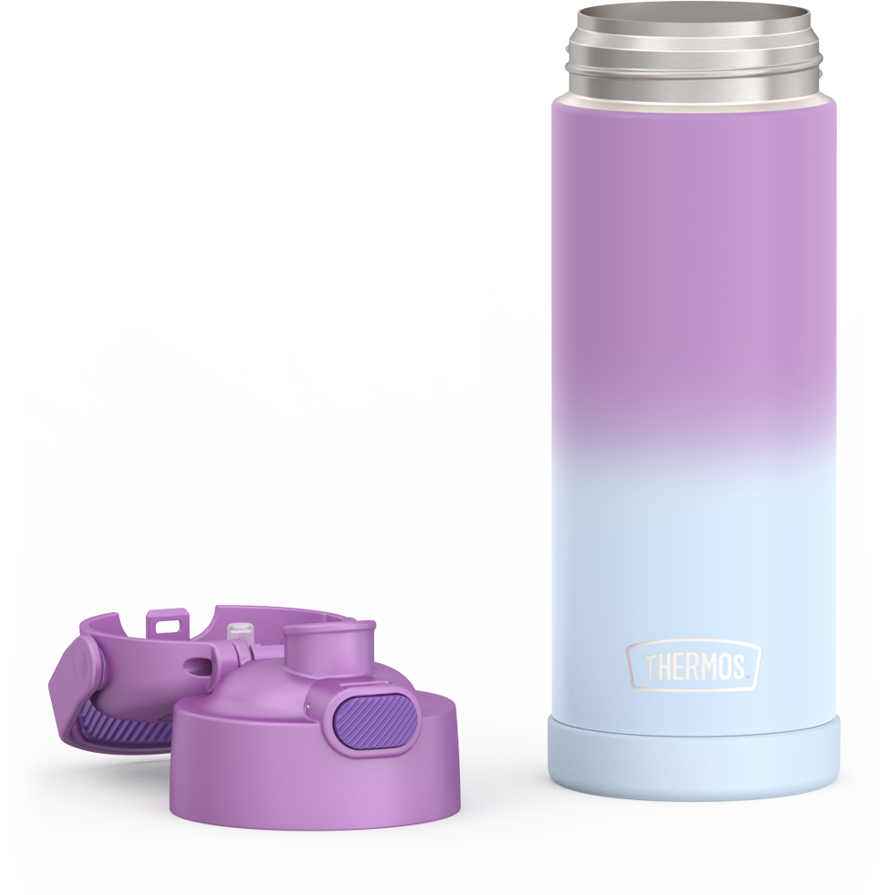 16-ounce Funtainer Stainless Steel Water Bottle with Spout, Purple Ombre, unassembled - lid removed and open.