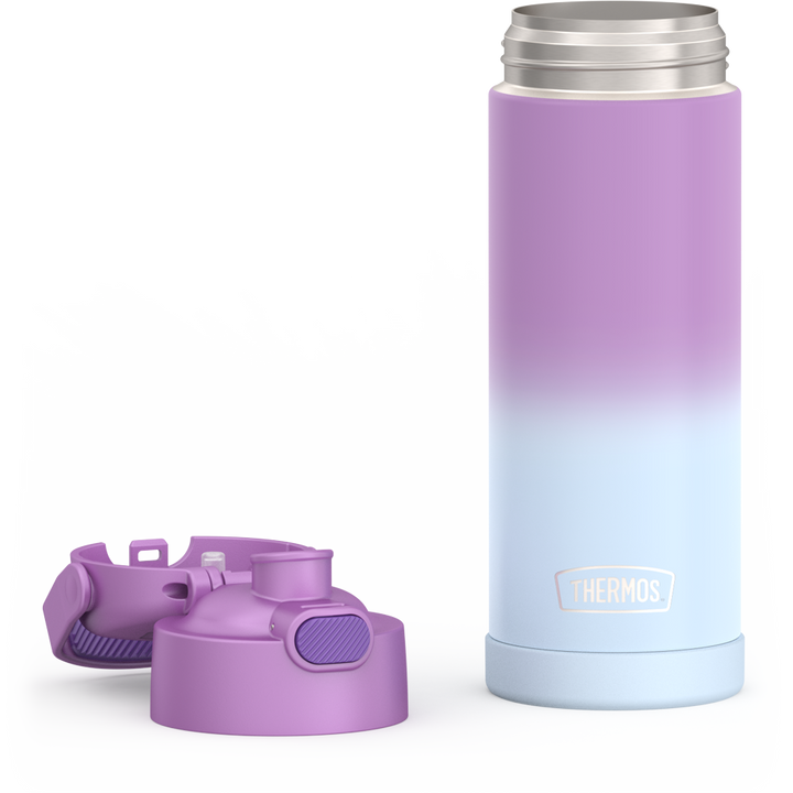 16-ounce Funtainer Stainless Steel Water Bottle with Spout, Purple Ombre, unassembled - lid removed and open.