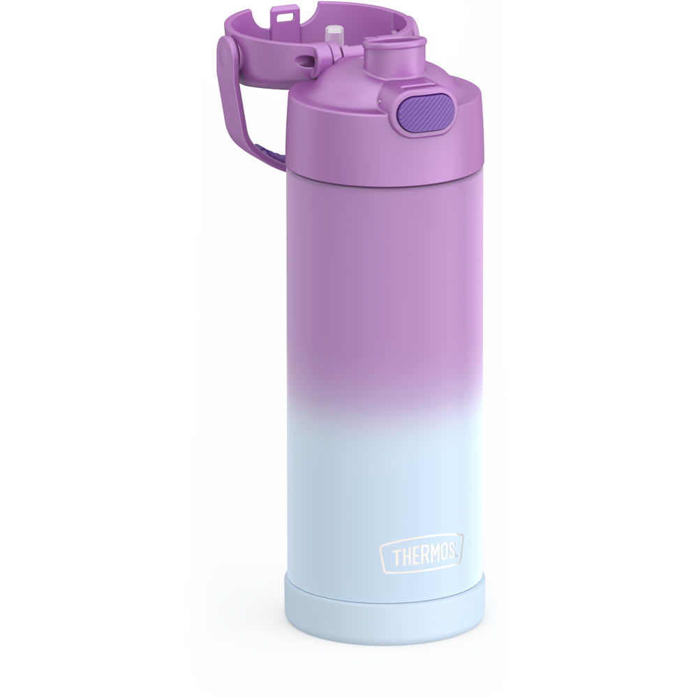 16-ounce Funtainer Stainless Steel Water Bottle with Spout, Purple Ombre, side view, lid open showing spout.