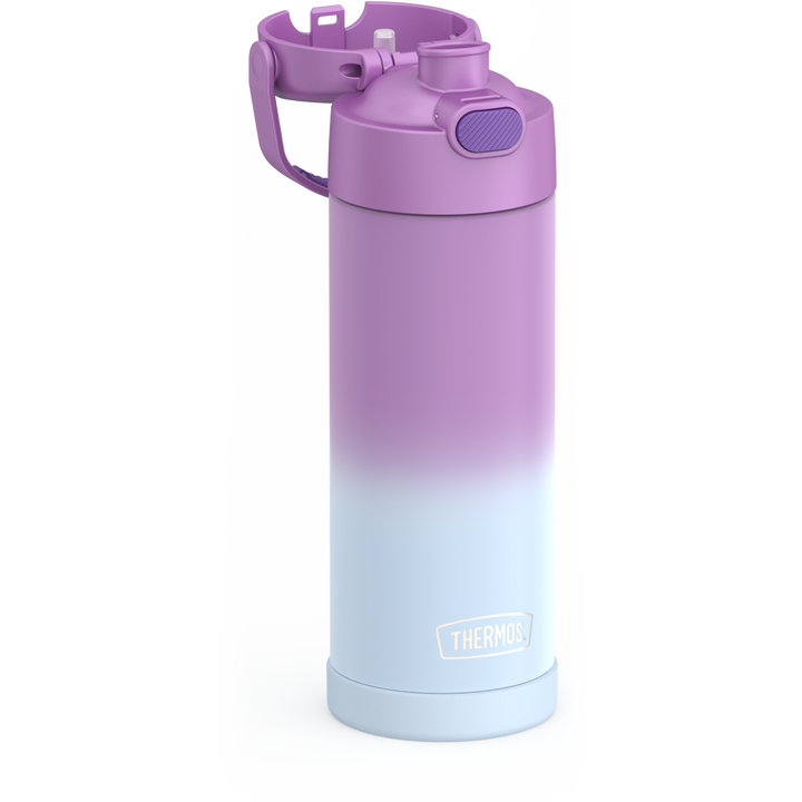 16-ounce Funtainer Stainless Steel Water Bottle with Spout, Purple Ombre, side view, lid open showing spout.