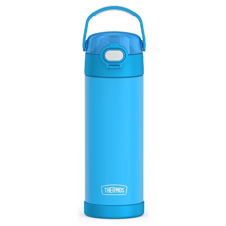  16-ounce Funtainer Stainless Steel Water Bottle with Spout and locking lid,  front view, Electric Blue.