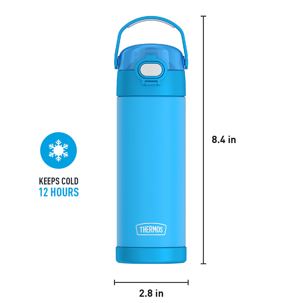 16-ounce Funtainer Stainless Steel Water Bottle with Spout and locking lid, Electric Blue, front view with handle up. 8.4 inches tall, 2.8 inches wide at base. Keeps Cold 12 Hours.