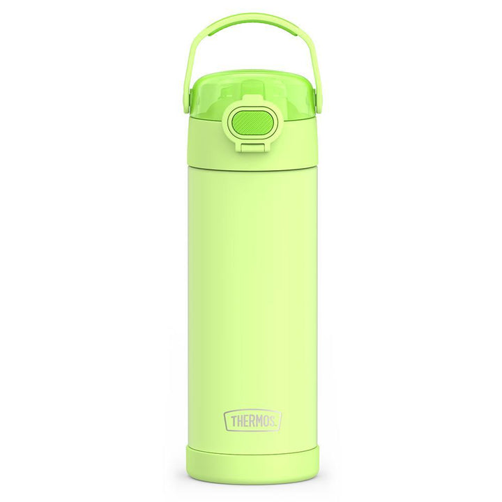  16-ounce Kids Stainless Steel Water Bottle with Spout and locking lid,  front view, Neon Lime.