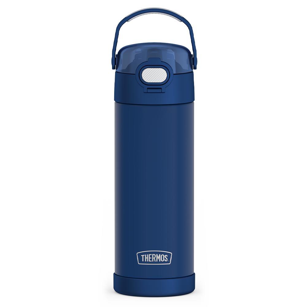  16-ounce Funtainer Stainless Steel Water Bottle with Spout and locking lid,  front view, Dark Navy.