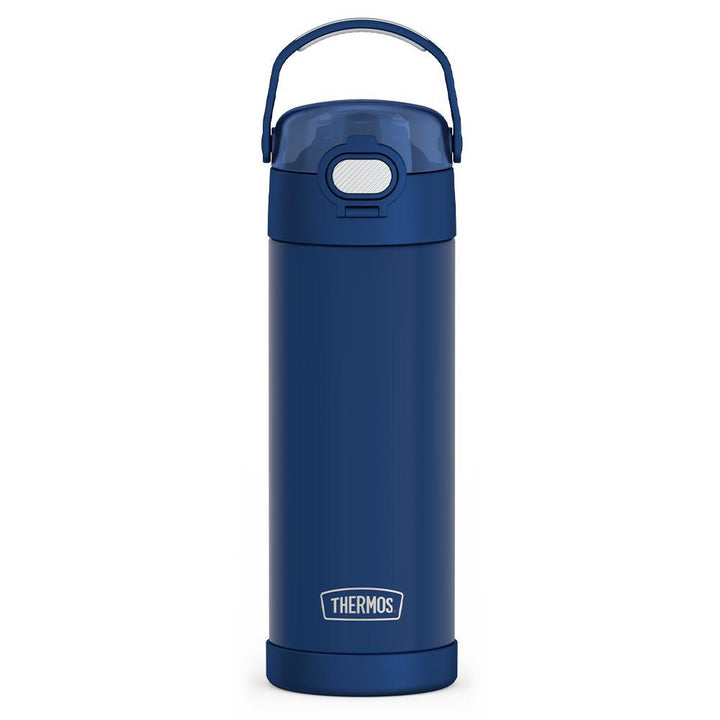  16-ounce Funtainer Stainless Steel Water Bottle with Spout and locking lid,  front view, Dark Navy.