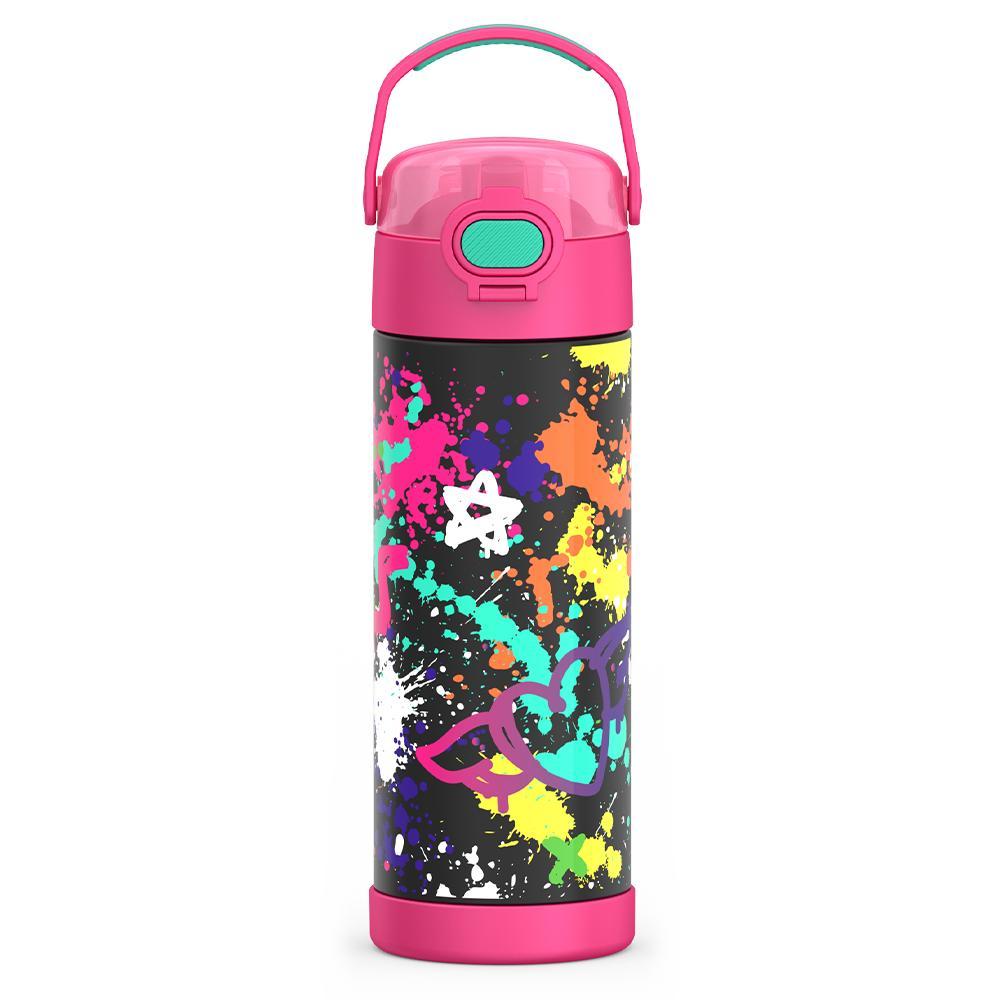  16-ounce Kids Stainless Steel Water Bottle with Spout and locking lid,  front view, Pink Graffiti.