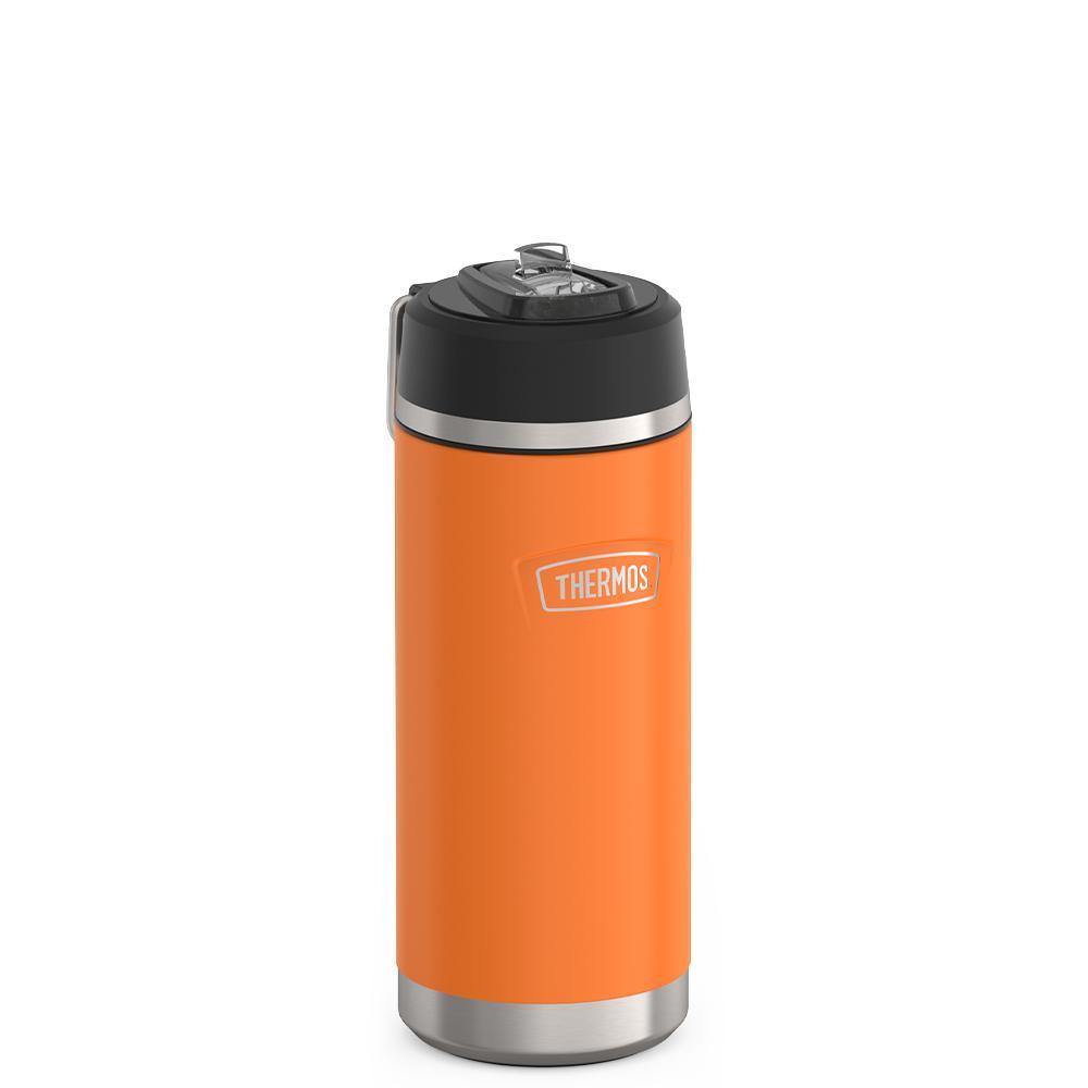 Thermos 18 ounce Stainless Steel Water Bottle with flip-up straw, side view with metal handle down, Orange.