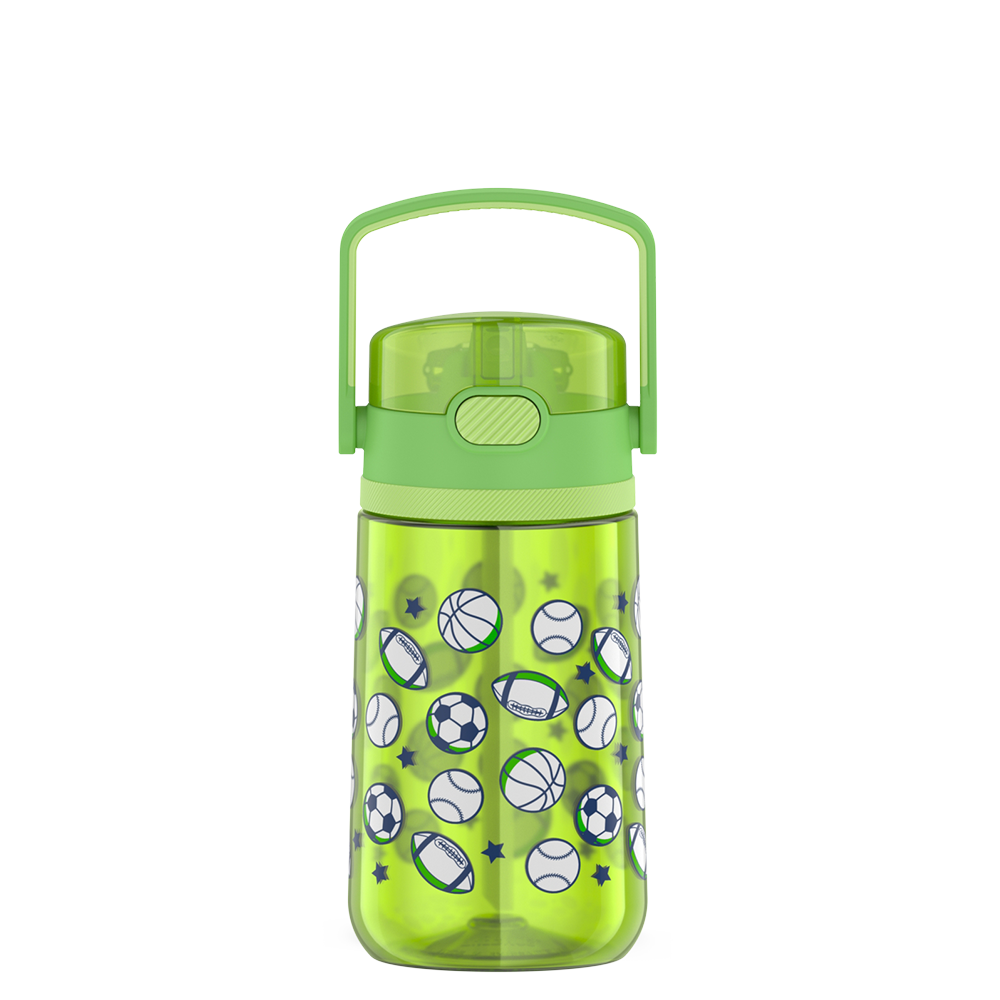 14oz Thermos Kids Plastic Water Bottle in light green Sports Pattern, front view.