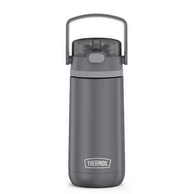 14 ounce Thermos Kids Stainless Steel Water Bottle, Grey front view with handle up.