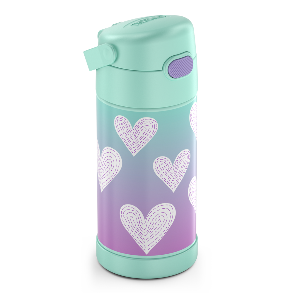 12 ounce Funtainer water bottle, Purple Hearts Pattern, side view, handle down.
