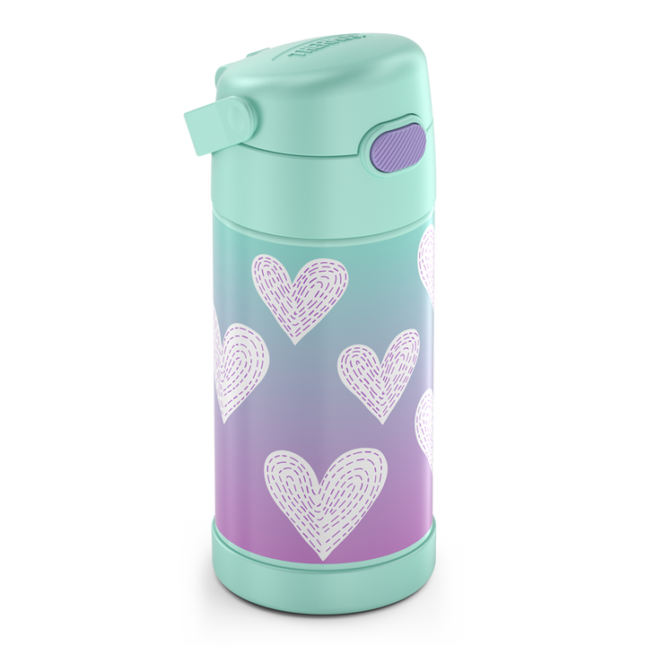 12 ounce Funtainer water bottle, Purple Hearts Pattern, side view, handle down.