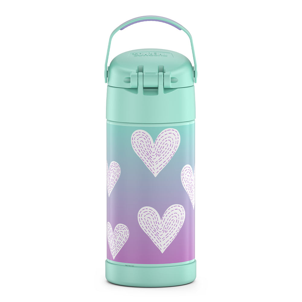 12 ounce Funtainer water bottle, back view, handle up, Purple Hearts Pattern.